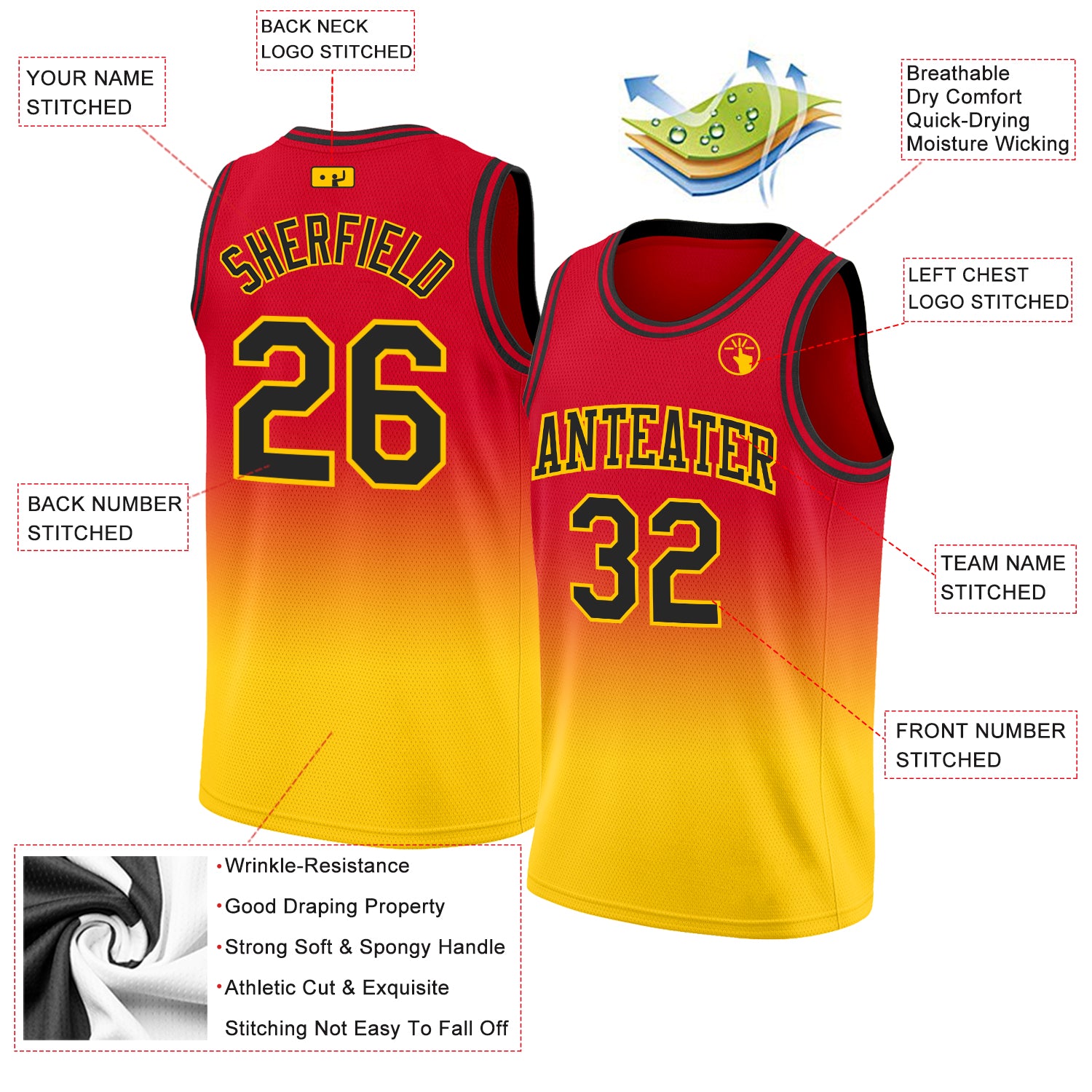 Custom Red Black-Gold Authentic Fade Fashion Basketball Jersey