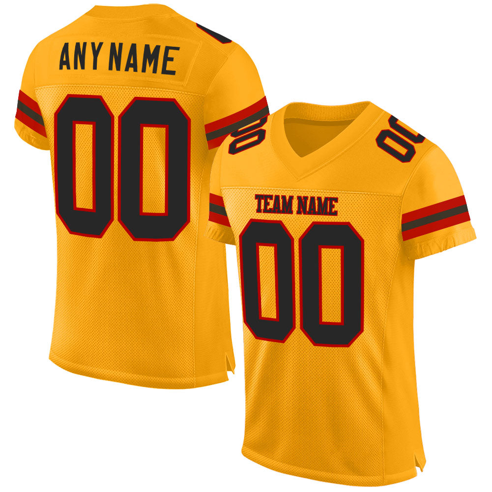 Custom Gold Black-Red Mesh Authentic Football Jersey