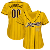 Custom Yellow Brown Pinstripe Brown-White Authentic Baseball Jersey