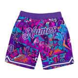 Custom Graffiti Pattern Purple-White 3D Words Authentic Basketball Shorts