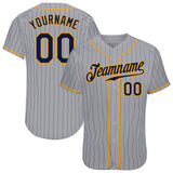 Custom Gray Navy Pinstripe Navy-Gold Authentic Baseball Jersey