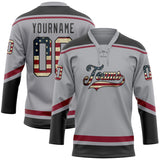 Custom Gray Vintage USA Flag Black-Crimson Hockey Lace Neck Jersey