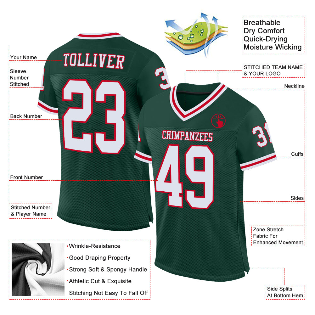 Custom Green White-Red Mesh Authentic Throwback Football Jersey