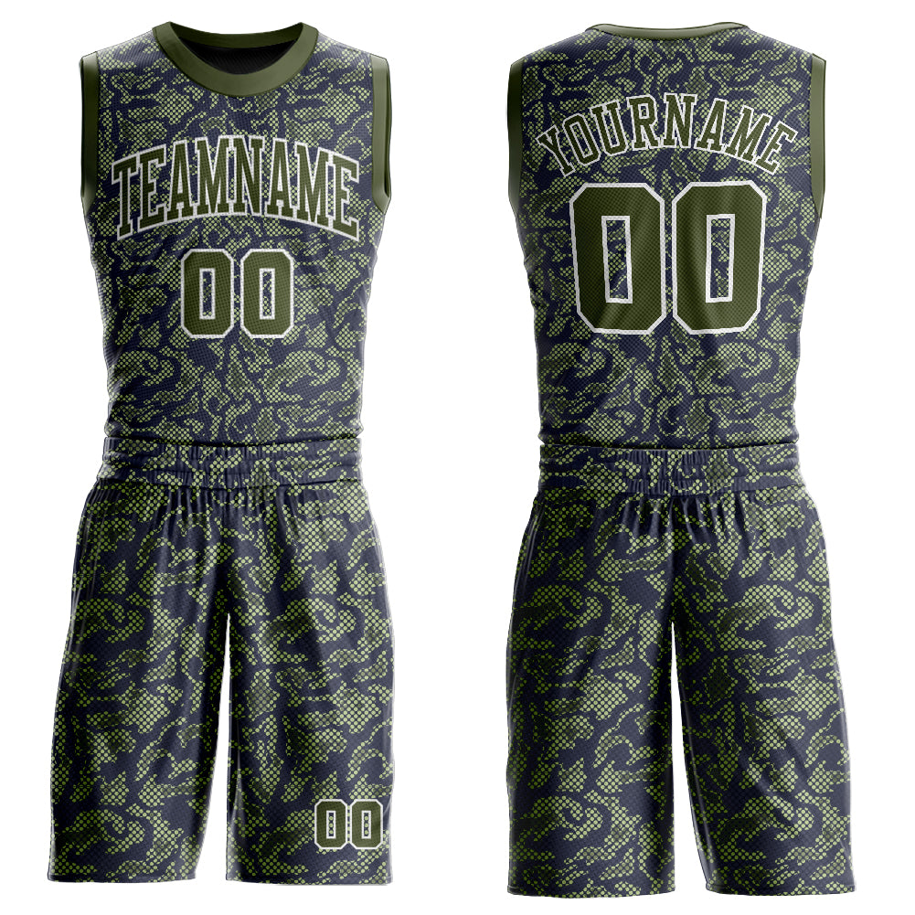 Custom Green Olive-Navy Round Neck Sublimation Basketball Suit Jersey