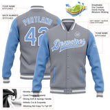 Custom Gray Light Blue-White Bomber Full-Snap Varsity Letterman Two Tone Jacket