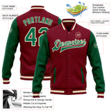 Custom Crimson Kelly Green-Cream Bomber Full-Snap Varsity Letterman Two Tone Jacket