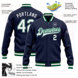 Custom Navy White Kelly Green-Gray Bomber Full-Snap Varsity Letterman Jacket