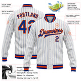 Custom White Royal Pinstripe Royal-Orange Bomber Full-Snap Varsity Letterman Jacket