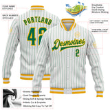 Custom White Kelly Green Pinstripe Kelly Green-Gold Bomber Full-Snap Varsity Letterman Jacket