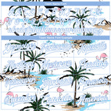 Custom White White-Light Blue Hawaii Palm Trees And Flamingo 3D Bomber Full-Snap Varsity Letterman Jacket