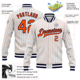Custom White Orange Pinstripe Orange-Navy Bomber Full-Snap Varsity Letterman Jacket
