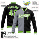 Custom Black Neon Green-Gray Bomber Full-Snap Varsity Letterman Split Fashion Jacket