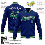 Custom Royal Kelly Green Cream-Black Bomber Full-Snap Varsity Letterman Jacket