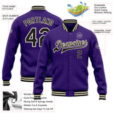 Custom Purple Black-Cream Bomber Full-Snap Varsity Letterman Jacket