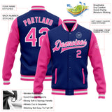 Custom Royal Pink-White Bomber Full-Snap Varsity Letterman Two Tone Jacket