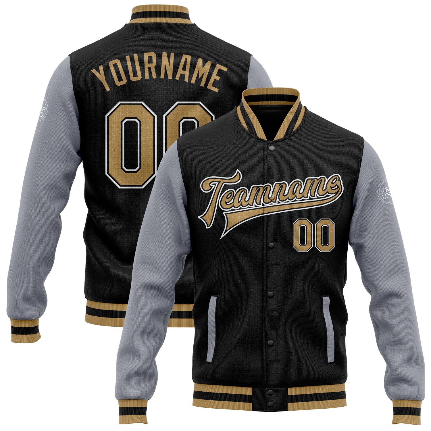 Custom Black Old Gold Gray Bomber Full Snap Varsity Letterman Two Tone Jacket Sale UKSN INC
