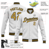 Custom White Old Gold-Black Bomber Full-Snap Varsity Letterman Jacket