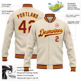 Custom Cream Crimson-Gold Bomber Full-Snap Varsity Letterman Jacket