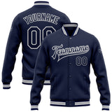 Custom Navy White-Gray Bomber Full-Snap Varsity Letterman Jacket