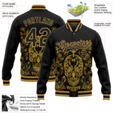 Custom Black Old Gold Skull Fashion 3D Bomber Full-Snap Varsity Letterman Jacket