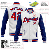 Custom White Red-Royal Bomber Full-Snap Varsity Letterman Two Tone Jacket