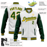 Custom White Green-Gold Bomber Full-Snap Varsity Letterman Two Tone Jacket