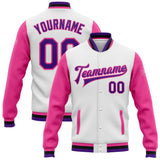 Custom White Purple Pink-Black Bomber Full-Snap Varsity Letterman Two Tone Jacket
