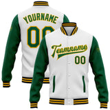 Custom White Kelly Green Gold-Black Bomber Full-Snap Varsity Letterman Two Tone Jacket