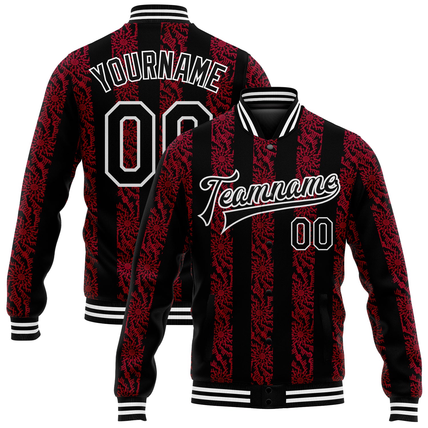 Custom Red Black White 3D Pattern Design Bomber Full Snap Varsity