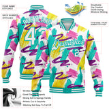 Custom Graffiti Pattern White-Aqua Abstract Watercolor 3D Bomber Full-Snap Varsity Letterman Jacket