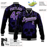 Custom Black Purple-White Skull Fashion 3D Bomber Full-Snap Varsity Letterman Jacket