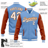 Custom Light Blue White-Texas Orange Bomber Full-Snap Varsity Letterman Two Tone Jacket