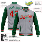 Custom Gray Red-Kelly Green Bomber Full-Snap Varsity Letterman Two Tone Jacket