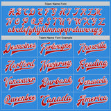Custom Powder Blue Red-White Bomber Full-Snap Varsity Letterman Two Tone Jacket