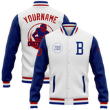 Custom White Royal-Red Bomber Full-Snap Varsity Letterman Two Tone Jacket
