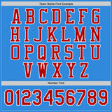 Custom Powder Blue Red-White Bomber Full-Snap Varsity Letterman Jacket