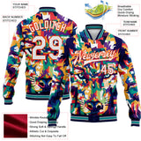 Custom Navy White-Orange Colorful Wolf 3D Pattern Design Bomber Full-Snap Varsity Letterman Jacket