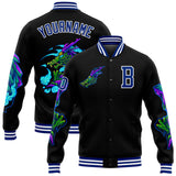 Custom Black Royal-White Dragon 3D Pattern Design Bomber Full-Snap Varsity Letterman Jacket