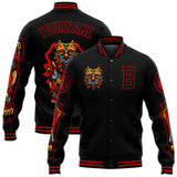Custom Black Red Dog 3D Pattern Design Bomber Full-Snap Varsity Letterman Jacket