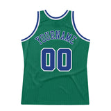 Custom Kelly Green Royal-White Authentic Throwback Basketball Jersey