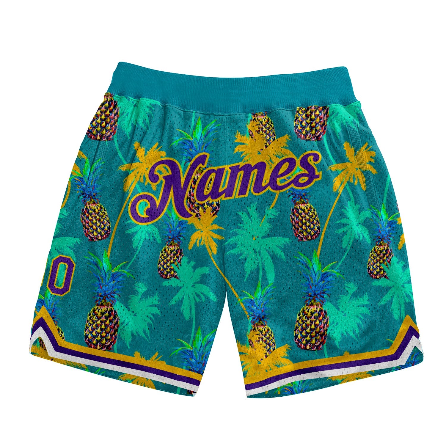 Custom Kelly Green Purple-Gold 3D Pattern Design Palm Trees Pineapples Authentic Basketball Shorts