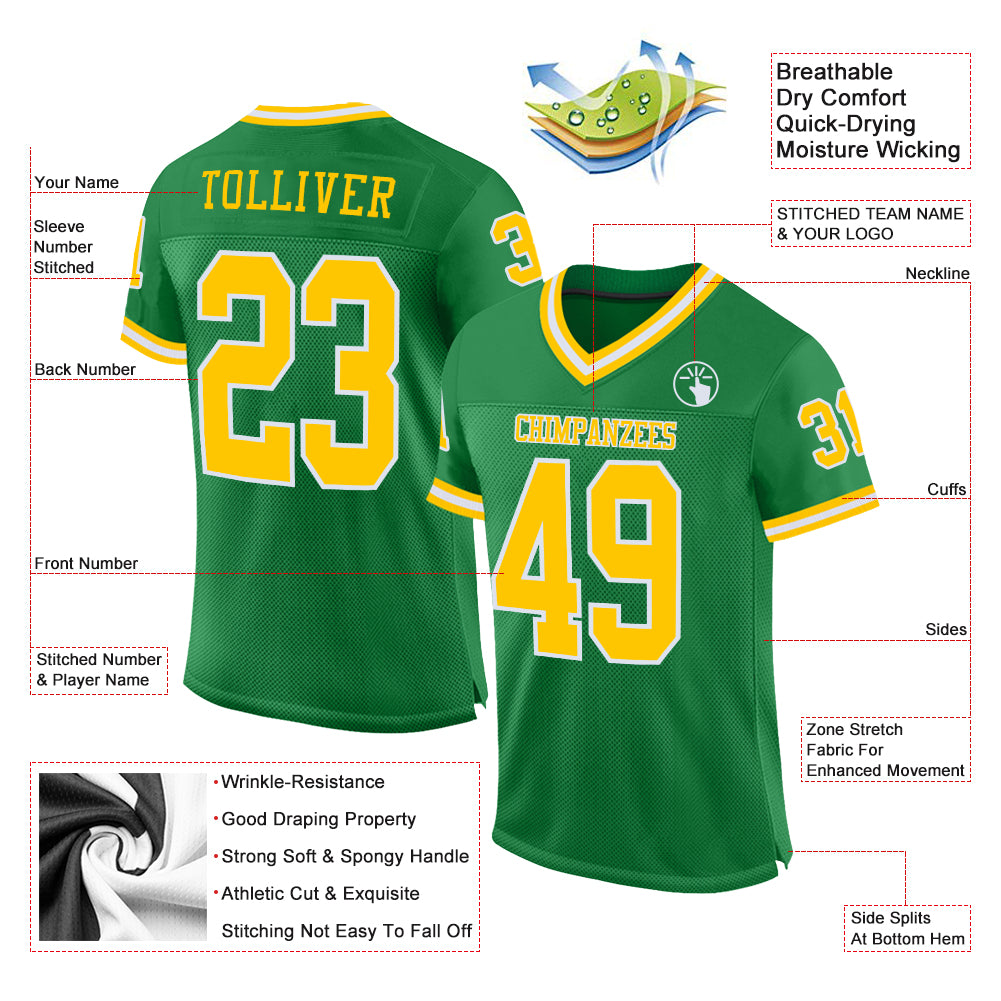 Custom Grass Green Gold-White Mesh Authentic Throwback Football Jersey