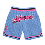 Custom Light Blue White Pinstripe Pink-Black Authentic Basketball Shorts