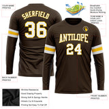 Custom Brown White-Gold Long Sleeve Performance T-Shirt