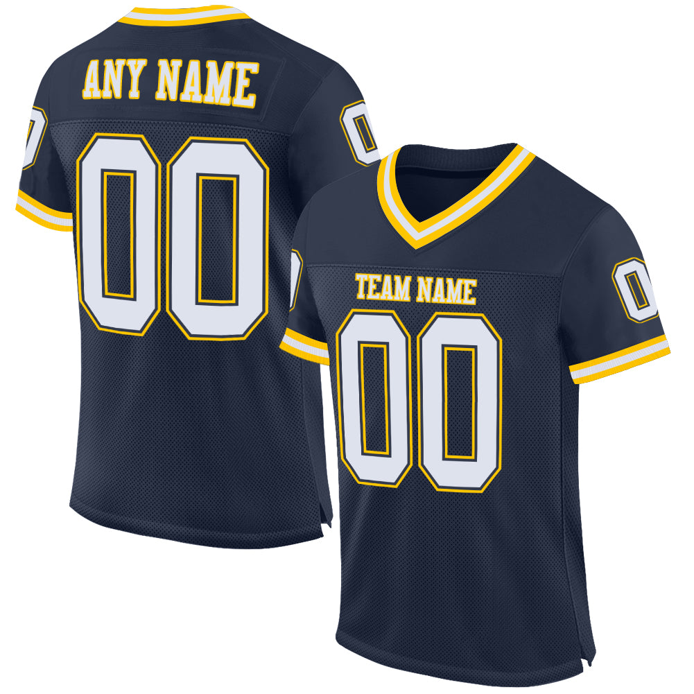 Custom Navy White-Gold Mesh Authentic Throwback Football Jersey