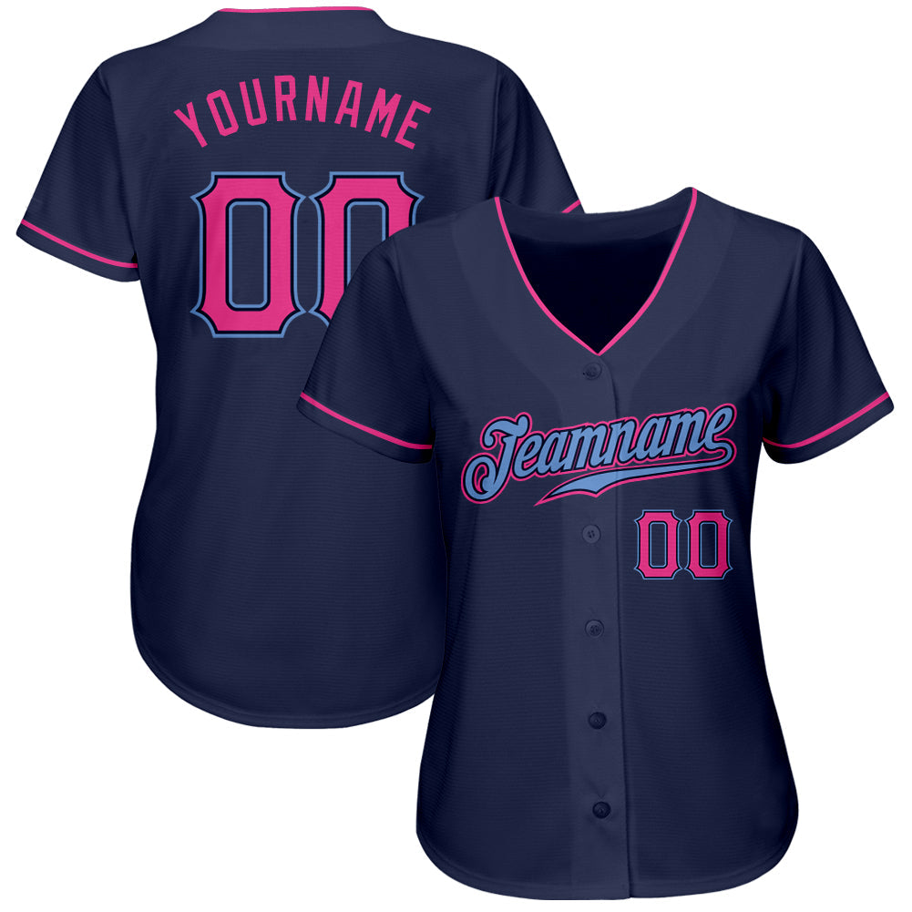 Custom Navy Pink-Light Blue Authentic Baseball Jersey