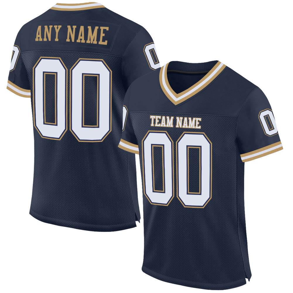 Custom Navy White-Old Gold Mesh Authentic Throwback Football Jersey