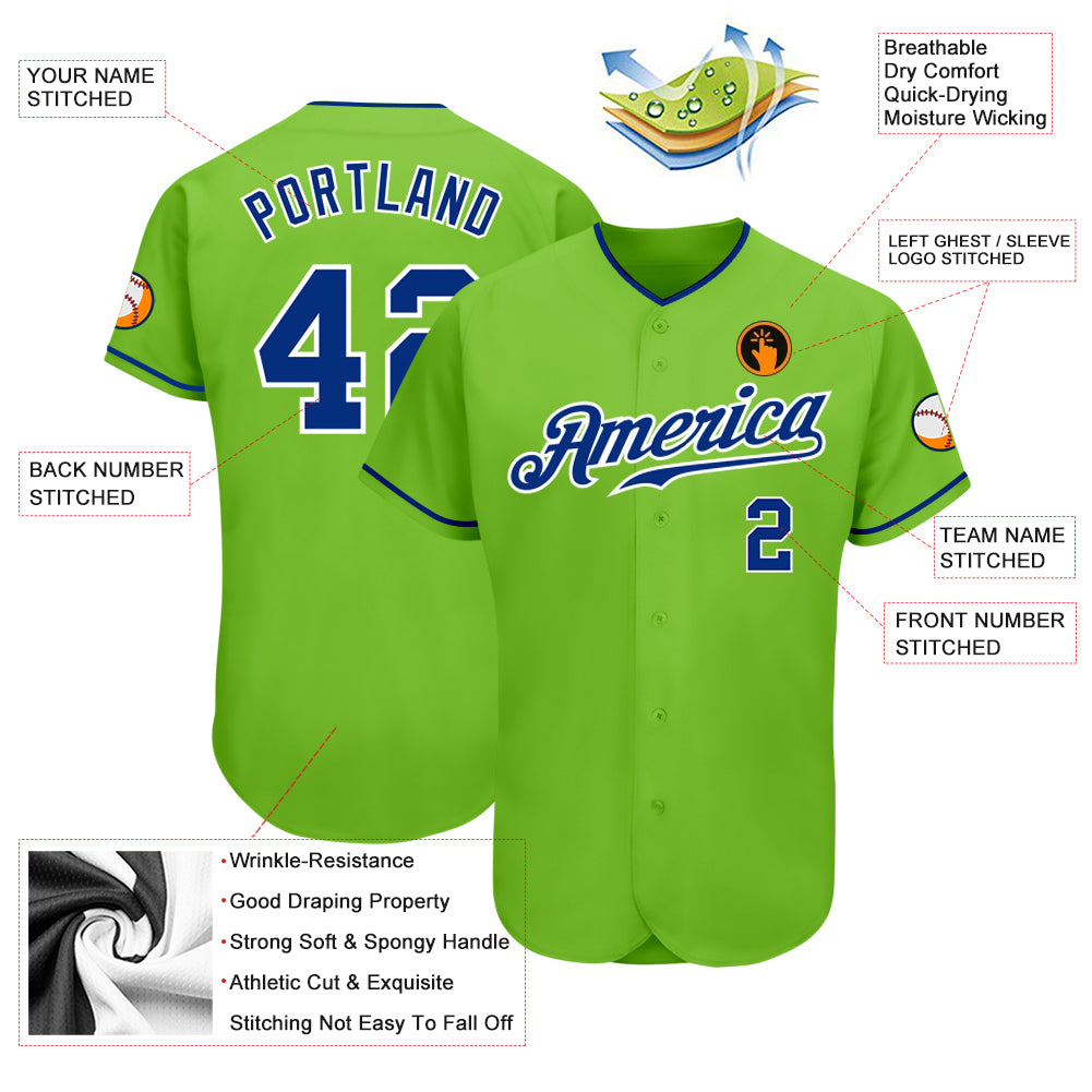 Custom Neon Green Royal-White Authentic Baseball Jersey