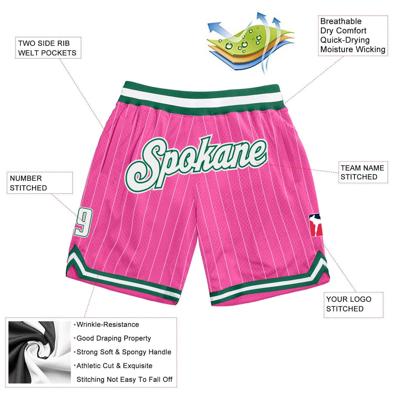 Custom Pink White Pinstripe White-Kelly Green Authentic Basketball Shorts