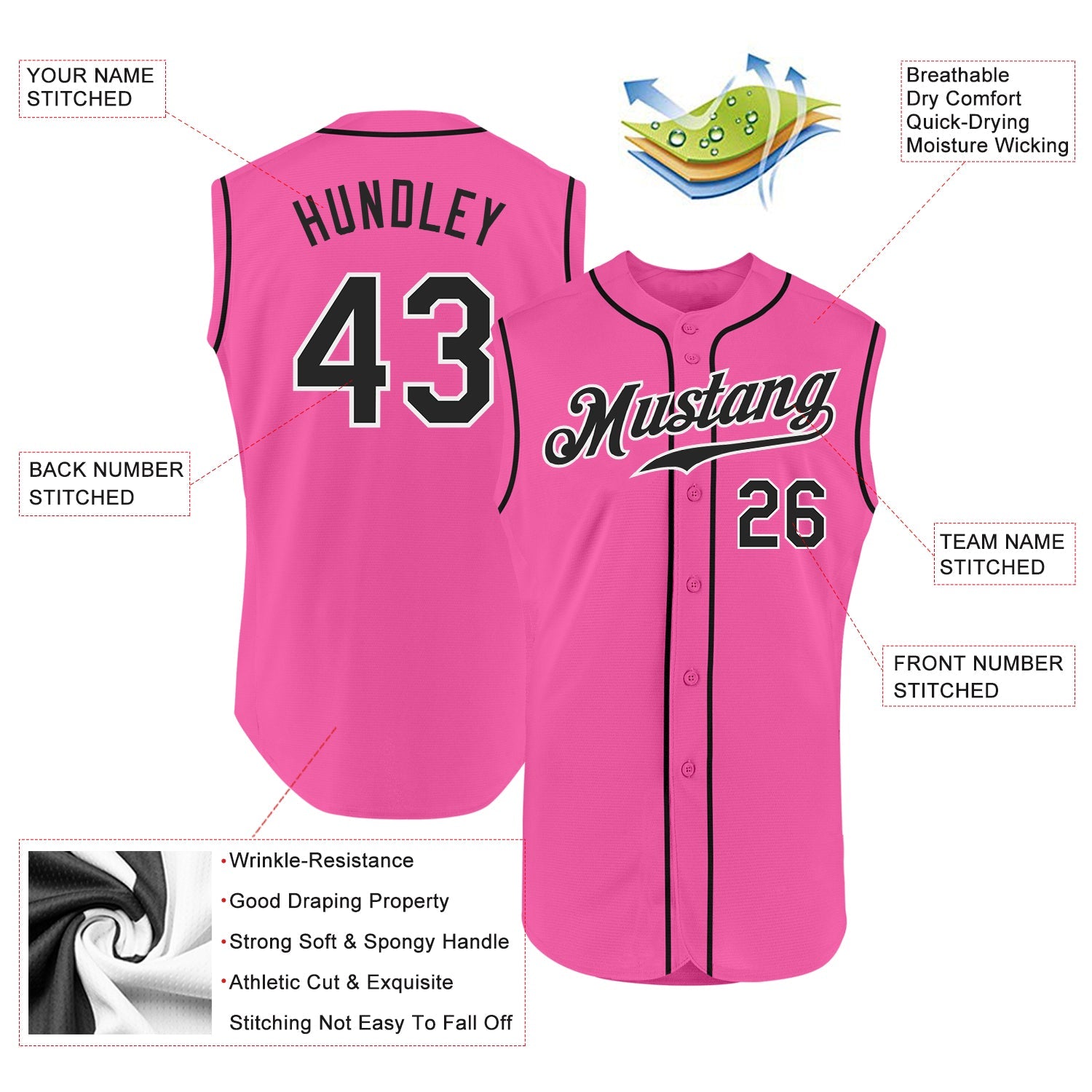 Custom Pink Black-White Authentic Sleeveless Baseball Jersey